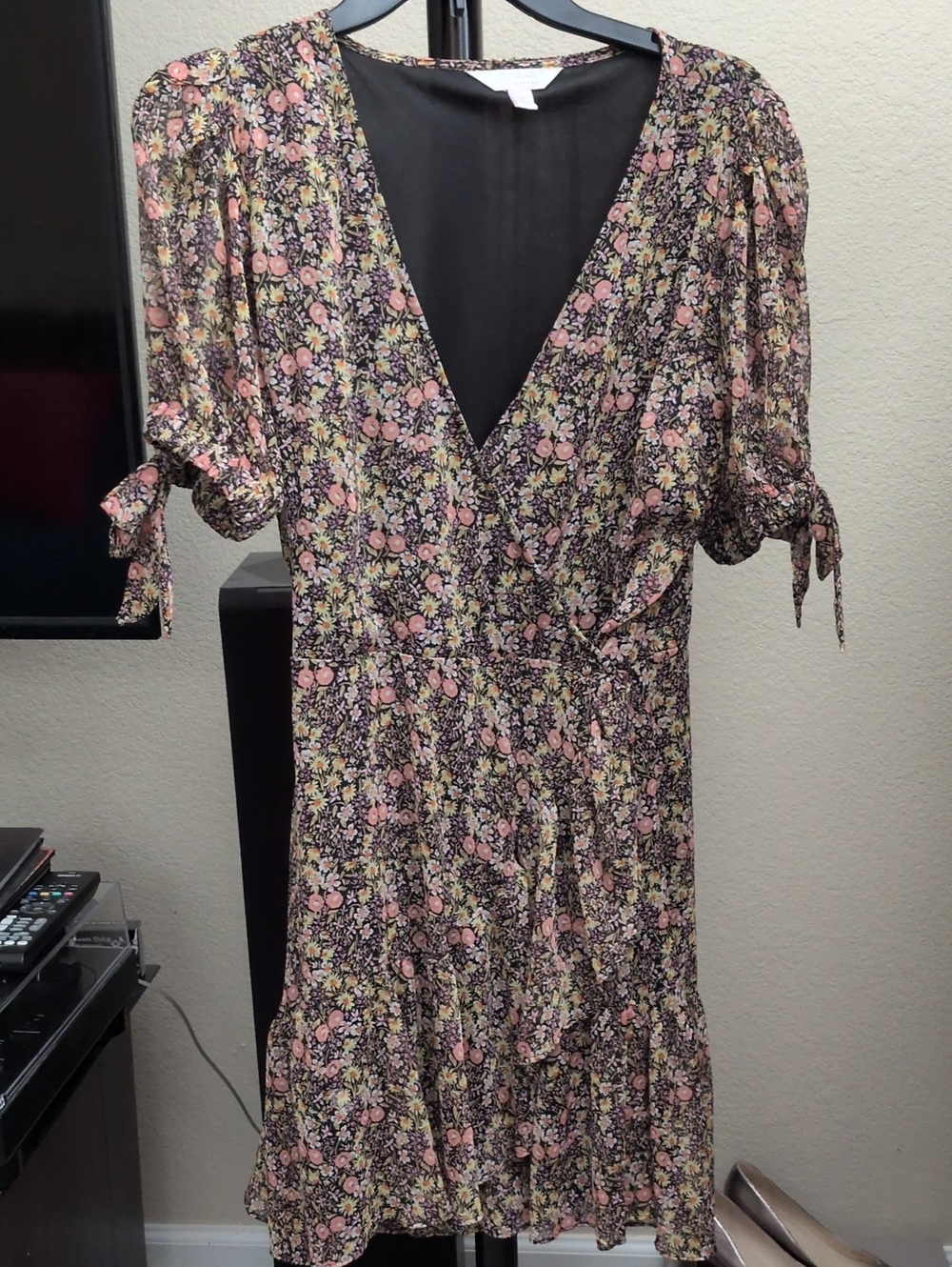 Pink Floral Wrap Midi Dress on Black